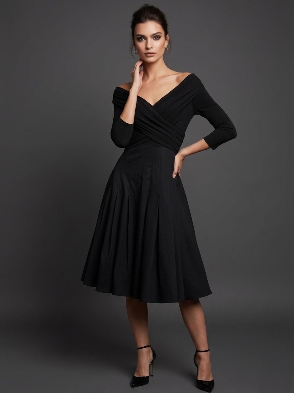 Tadashi Shoji Vintage 90s Black Ruched Fit Flare Taffeta Midi Cocktail Dress 8